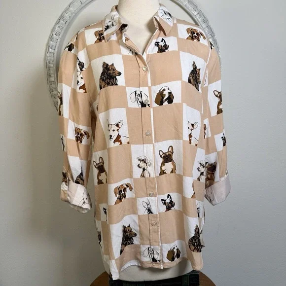 Jane and Delancey Dog Print Button Up Shirt Womens Frenchie Poodle Corgy Med Art - Picture 16 of 16